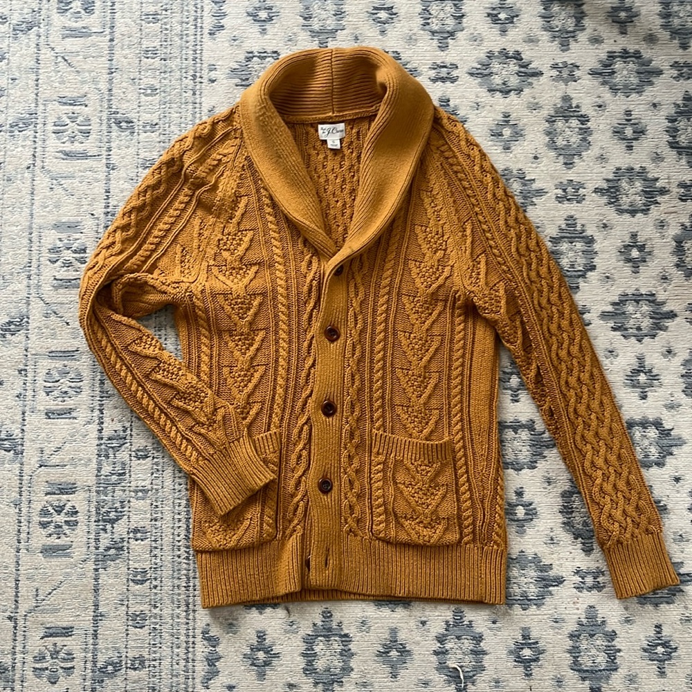 J Crew Shawl Collar Cable Knit Cardigan Sweater Men’s Small - Mustard Yellow